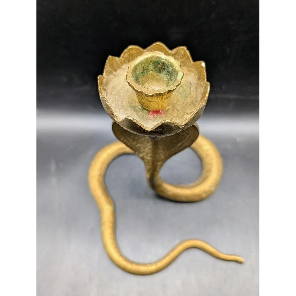 Vintage Brass Cobra Snake Candlestick Holder Lotus Flower King‎ Cobra India 8in